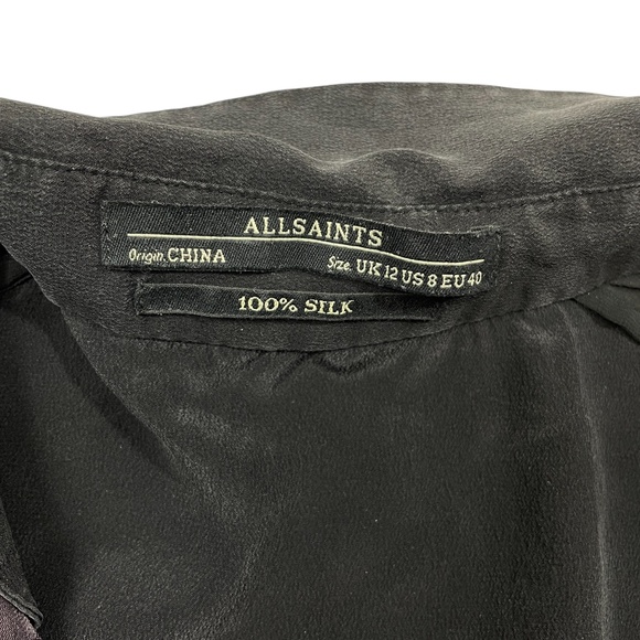 All Saints 8 Black Blouse Cross Body 100% Silk Purple Trim Long Sleeves‎ - Picture 3 of 5